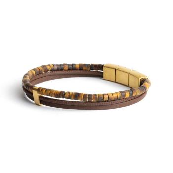 Dreifaches Armband mit italienischem Leder und 2 mm Tigerauge-Steinen - Triplux Brown